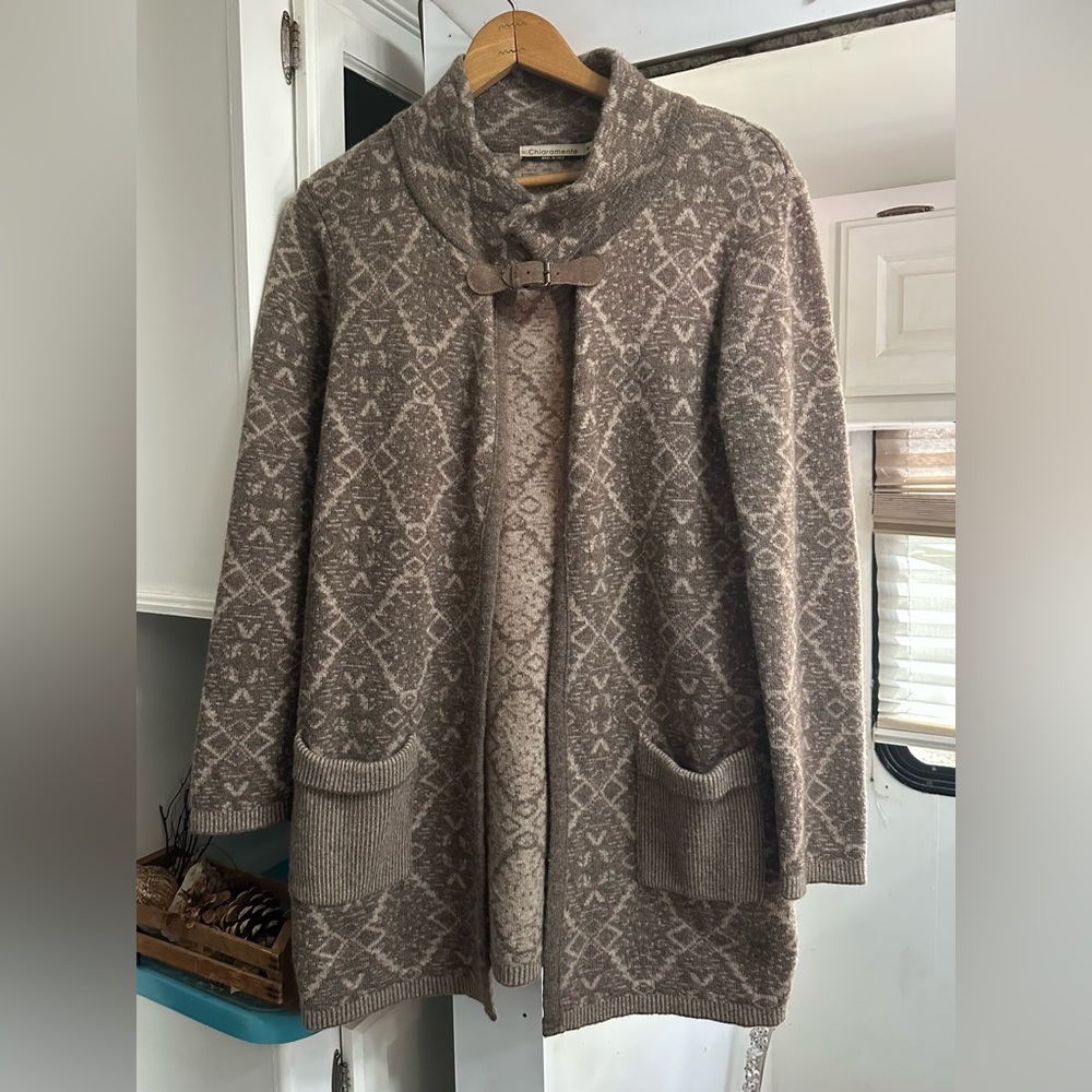 CHIARAMENTE ITALIAN OPEN FRONT CARDIGAN Size M Womens Brown Tan Long Wool Buckle